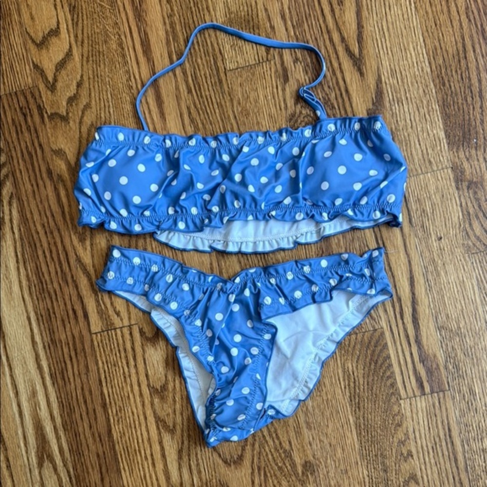 Periwinkle and white polkadot halter bikini
